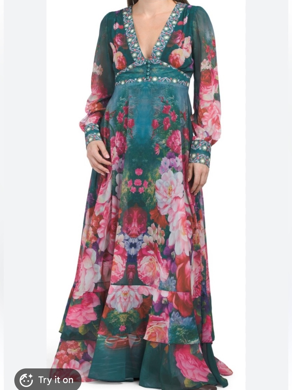 DALIA MACPHEE Floral Long Sleeve Maxi Dress With Ruffle Bottom